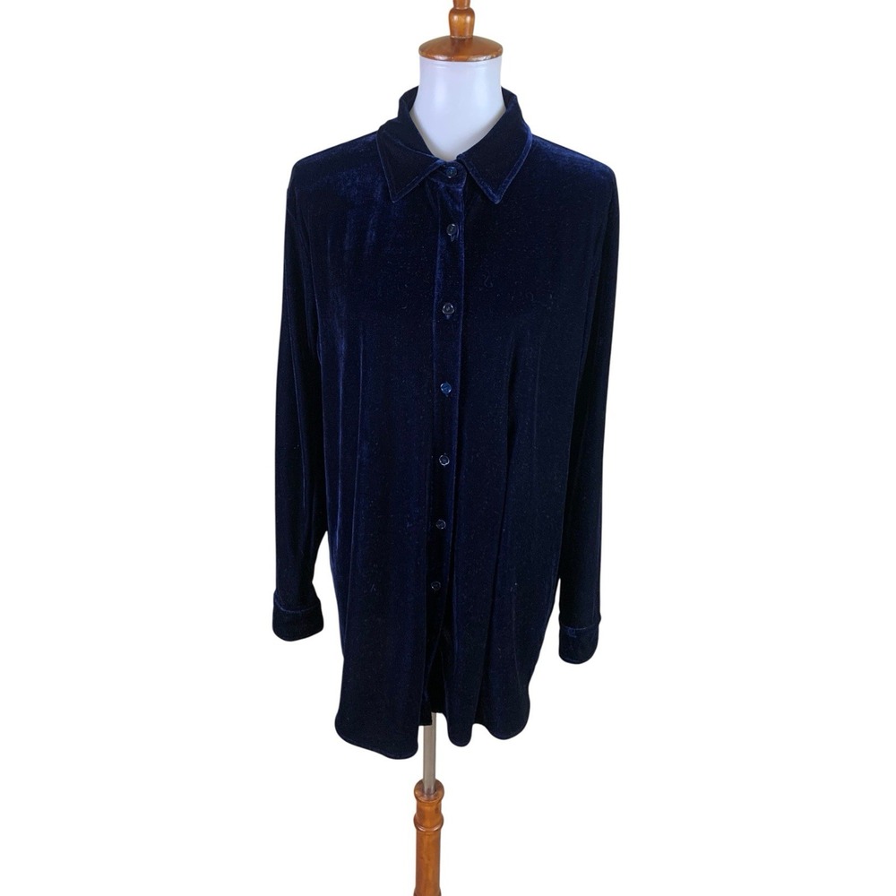 Soft Surroundings Navy Velvet Button Down Tunic Shirt Coastal Boho Large
